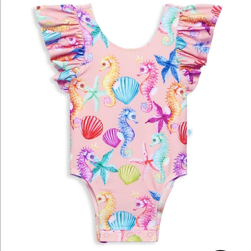 Posh Peanut Baby Girl’s Coral Ruffled One-Piece Swimsuit. Seahorses NWT